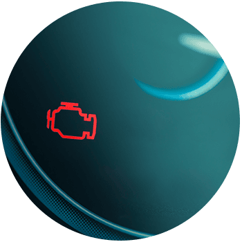 Close-up circular view of a car dashboard with a bright red check engine warning light icon illuminated on the left.