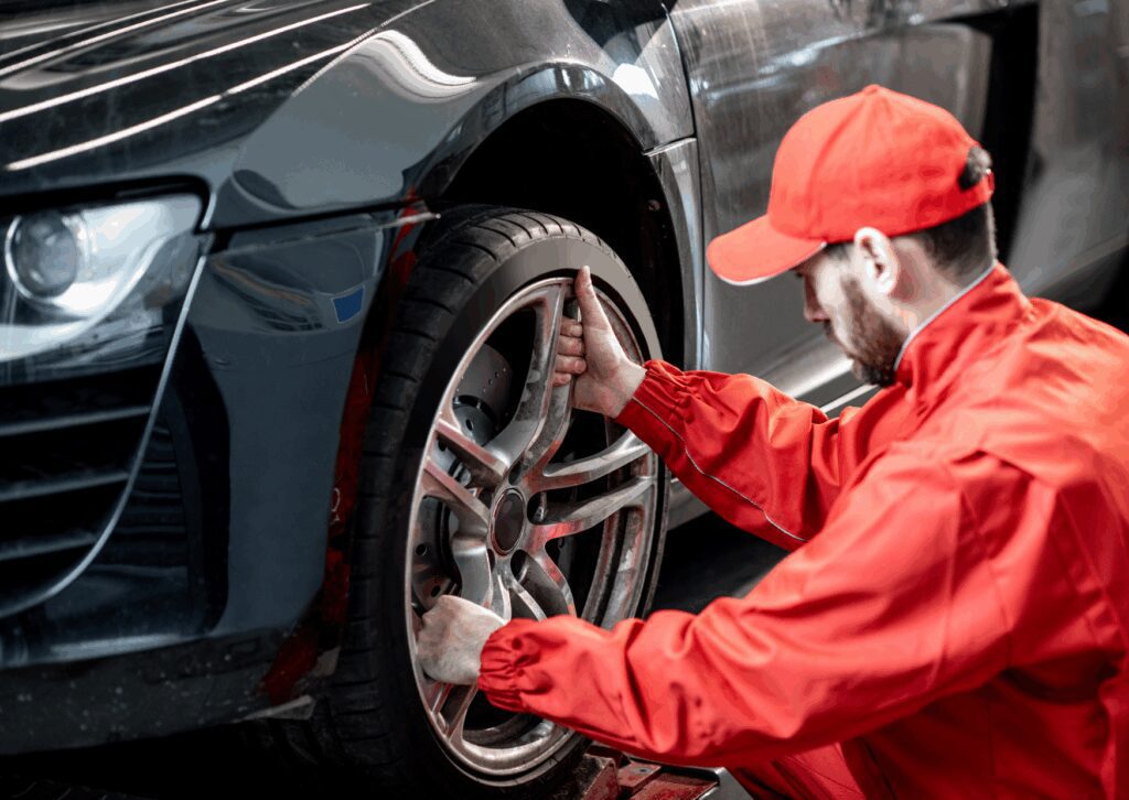 A technician in a red uniform adjusts a car wheel in a shop, demonstrating EV-specific tire replacement for performance.