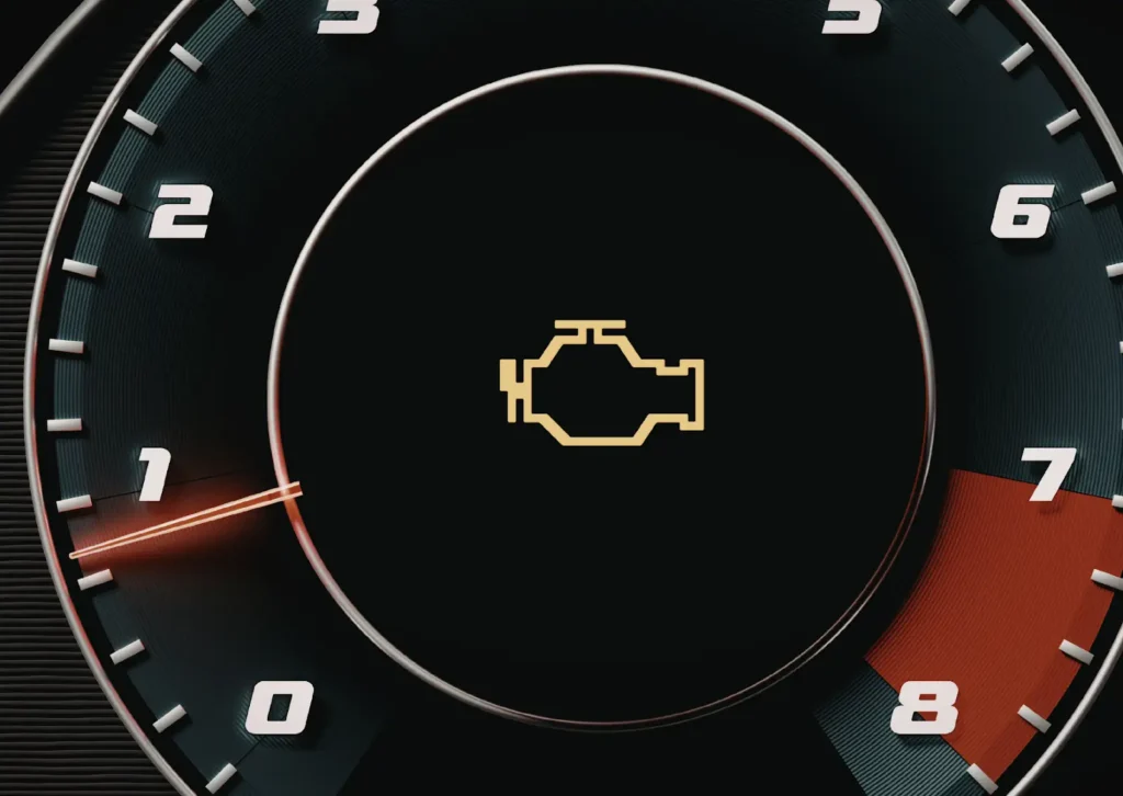 Close-up of car tachometer gauge with illuminated check engine warning icon in the center of dashboard.