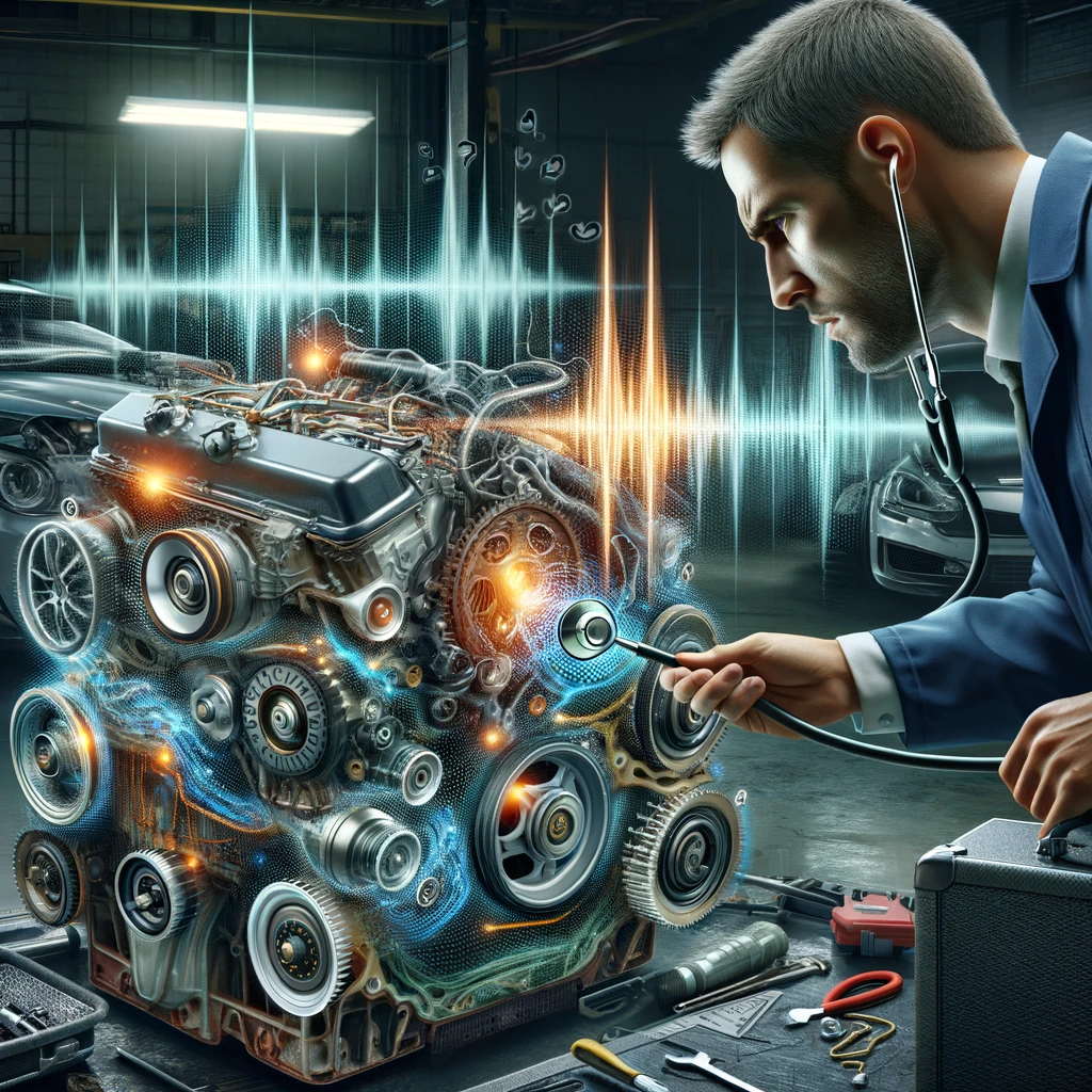 Mechanic uses a stethoscope to diagnose a glowing engine with digital waves and sparks, surrounded by tools in a garage.
