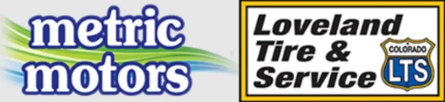 Banner showing Metric Motors logo with green-blue wave, beside Loveland Tire & Service Colorado LTS badge.