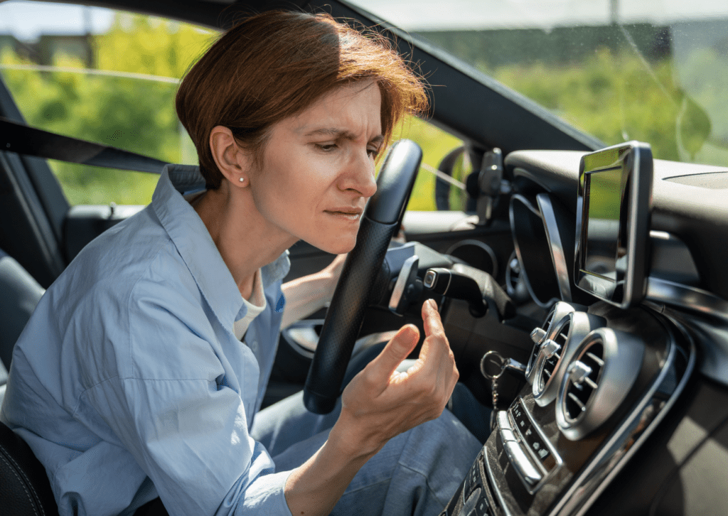 Driver checking car vents and controls while noticing possible air conditioning problem in cabin 