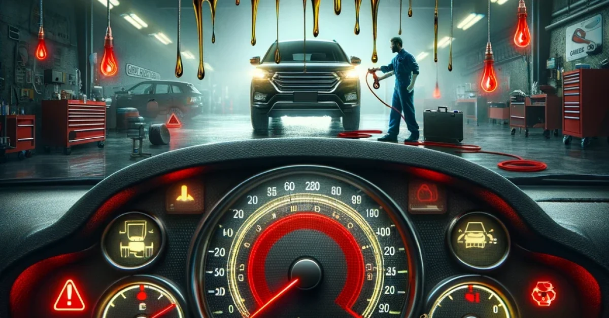 Dashboard warning lights signal that an oil change is needed, as a mechanic works on a car in a dimly lit garage background.